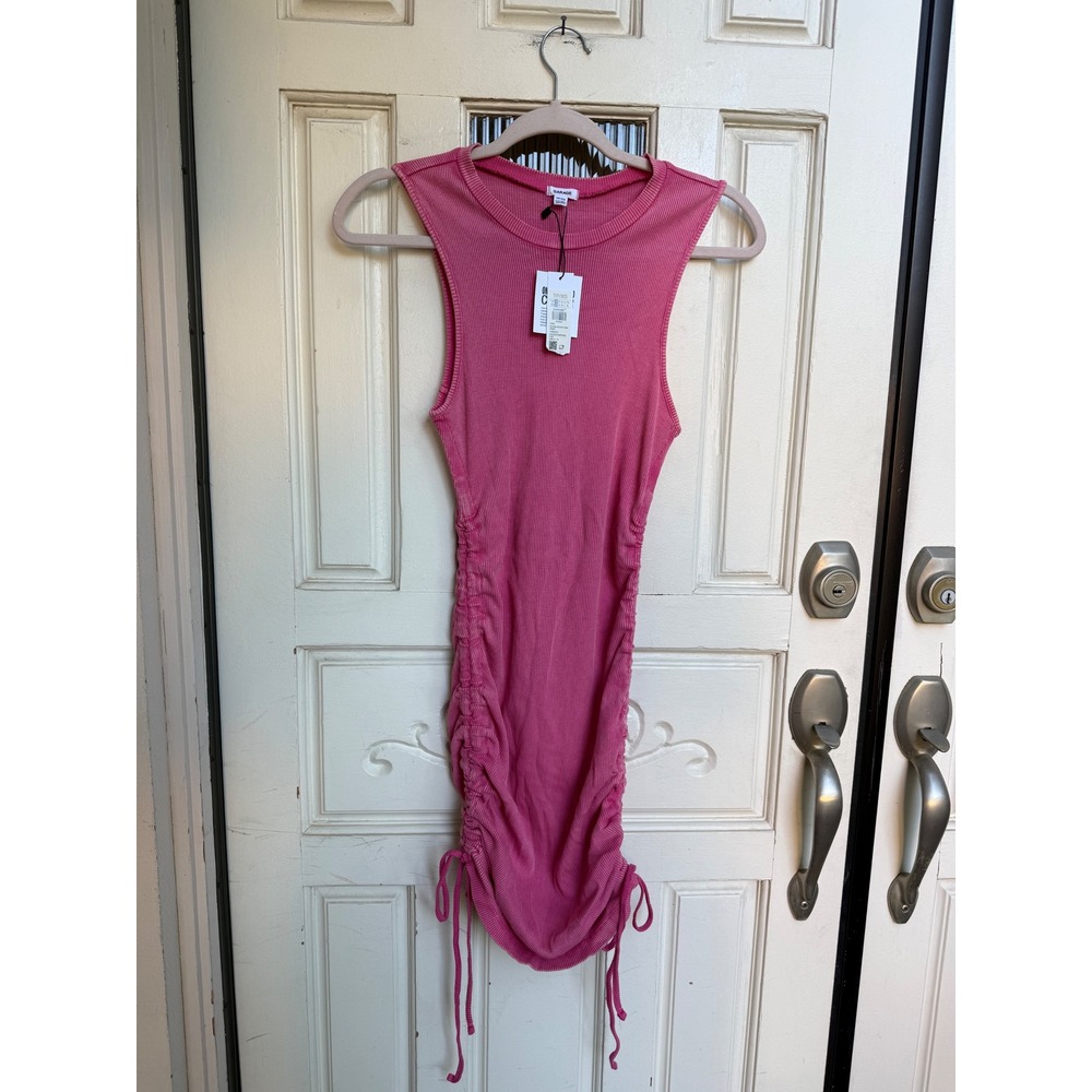 Garage Ria Side Ruched Tank Dress Washed Shocking Pink Ribbed Mini Size XS NEW